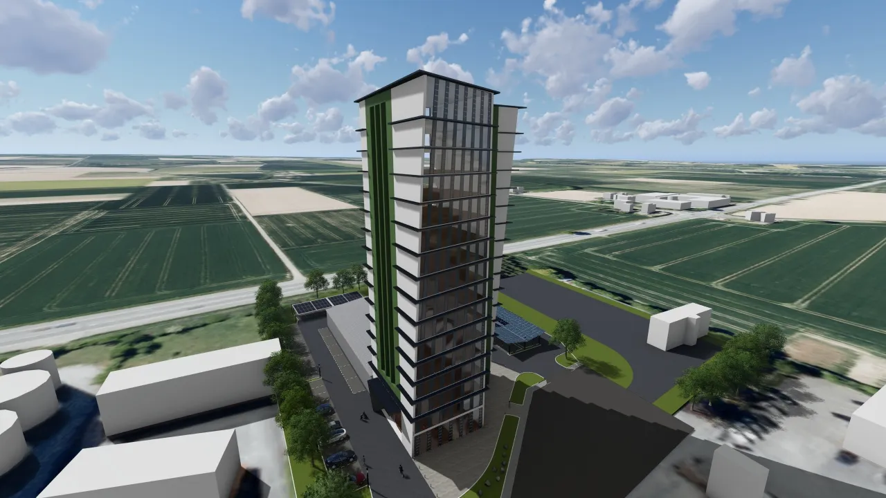 Hellweg Tower Luftaufnahme – 16 Stockwerke Gewerbegebäude in Geseke-Langeneicke umgeben von Feldern