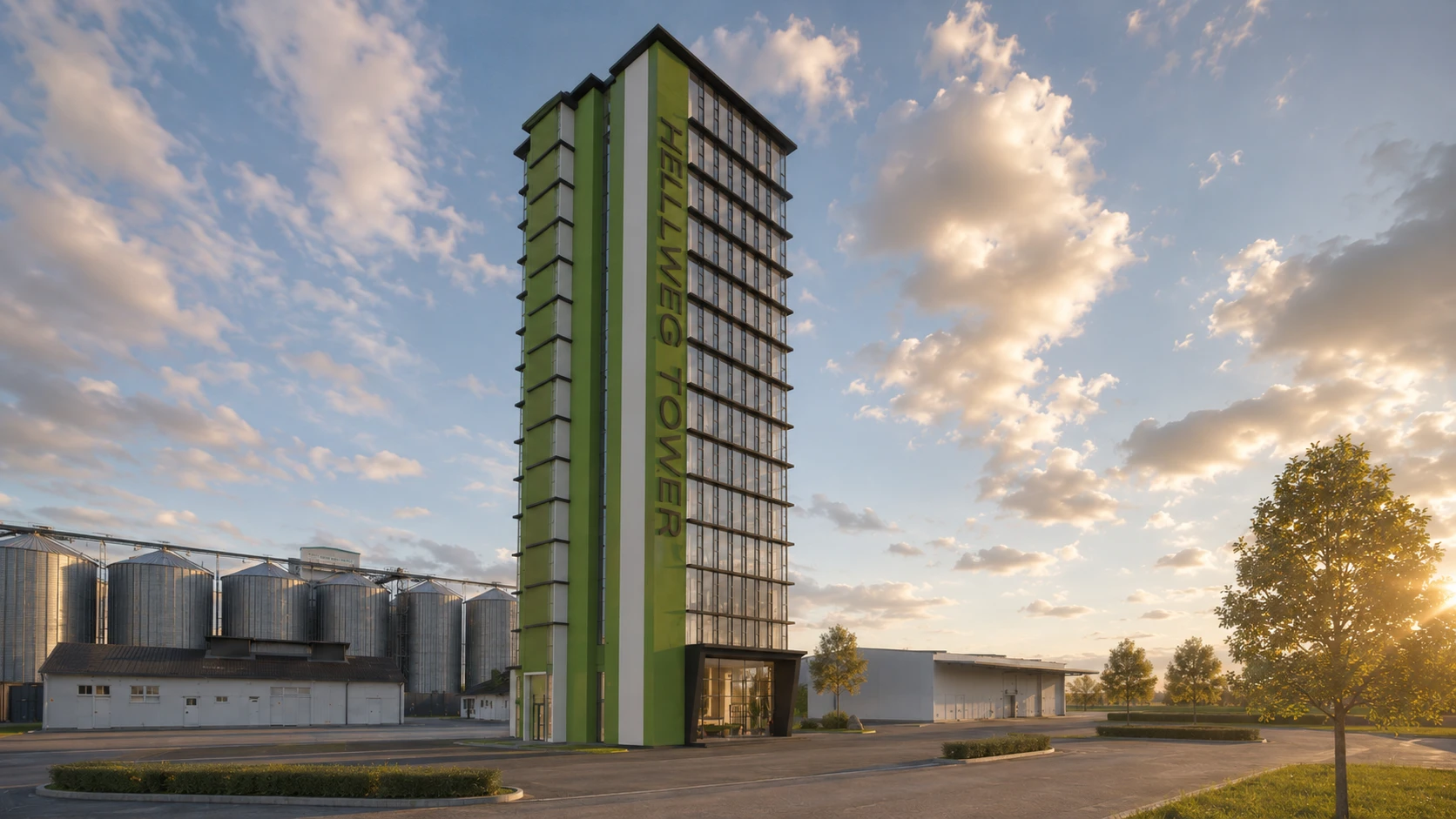 Hellweg Tower Gesamtansicht – modernes Hochhaus mit grüner Fassade im Abendlicht